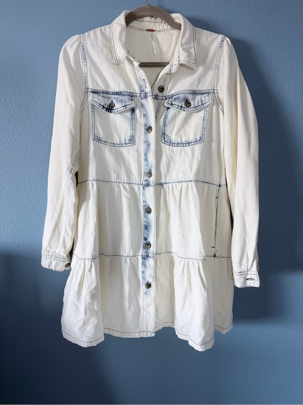 Free People White Denim Jacket with Contrast Stitching